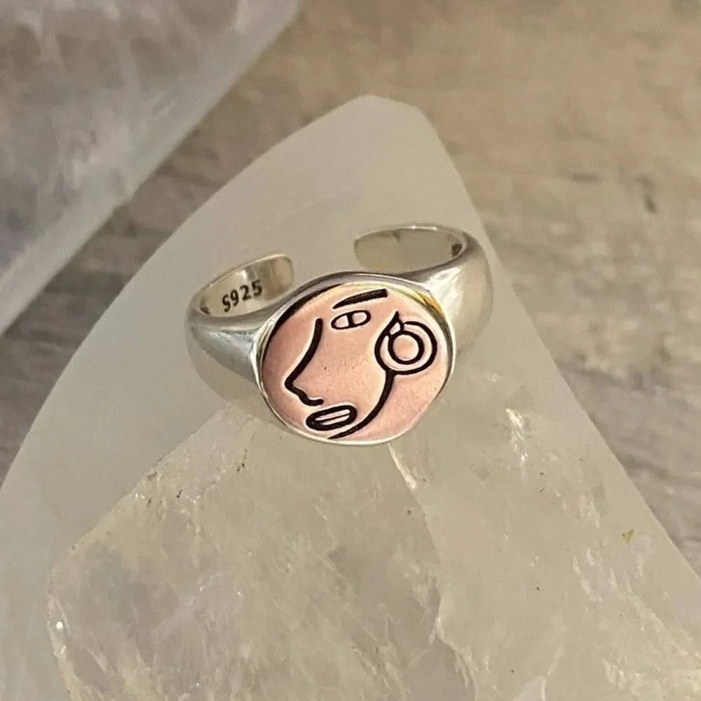 925 Sterling Silver Portrait Portrait Icon Adjustable Minimalist Ring